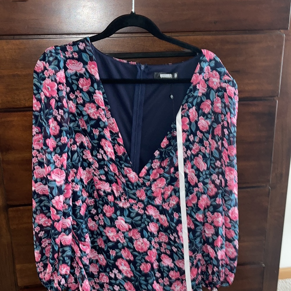 Navy Floral Ruffle Hem Mini Dress - Picture 2 of 5